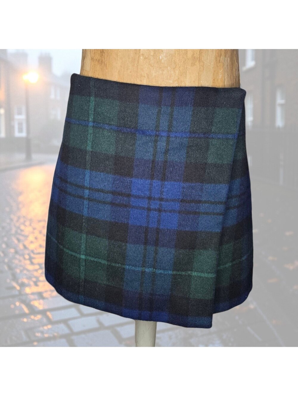 GAP XL Womens Plaid Wool Blend Wrap Mini Skirt Blue Green Black Preppy Winter